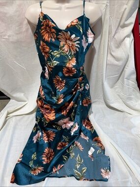Shein Teal Floral Slip Dress with Rust Orange Blooms